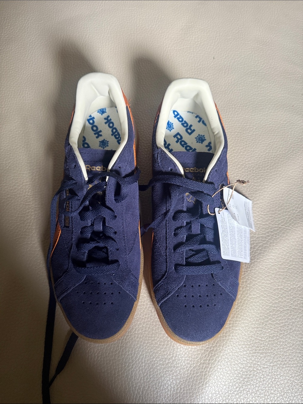 Reebok Men's Navy Suede Sneakers with Gum Sole and Orange Accents